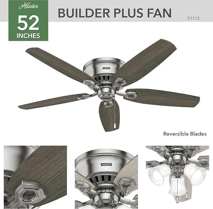 Hunter 52 inch Indoor Ceiling Fan with LED Lights - Ceiling Fan with Pull Chain, For Bedroom, Living Room, or Kitchen, Low Profile Flush Mount, No Remote, 5 Blades - Builder 51112, Brushed Nickel