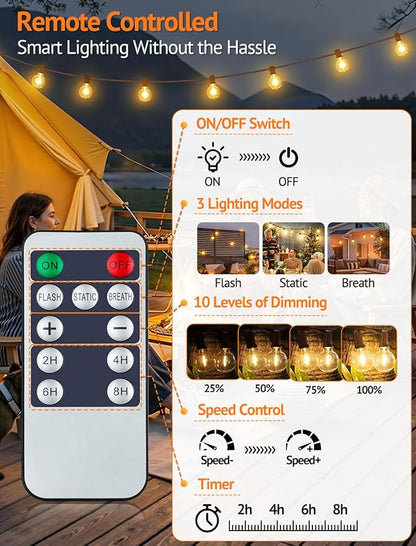 Larkvue 25FT Solar String Lights Outdoor with Remote, Waterproof Dimmable 3 Modes Patio Lights with 10+1 LED Shatterproof G40 Bulbs for Wedding-Brown
