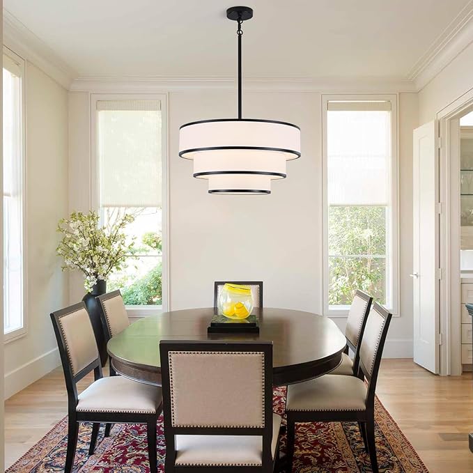 Drum Chandelier for Dining Room, 5-Light Modern Black Chandelier with White Fabric Shade, 20" Hanging Linen Drum Pendant Ceiling Light Fixture for Kitchen Island Bedroom Living Room
