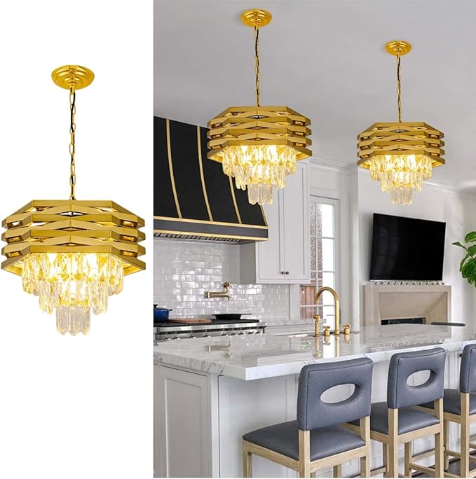 15.75" Gold Crystal Chandelier 5-Light Modern Crystal Pendant Light 3-Tier Luxury K9 Hanging Dining Room Lighting Fixtures for Bedroom Living Room Office Hallway Foyer Entryway Kitchen Sink