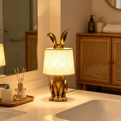 YHT Bunny Table Lamp, Cute Animal Rabbit Lamp,15.7" Vintage LED Desk Light with Linen Lampshade,Gold Main Part Beside Lamp for Bedroom, Study Room, Office, Nursery, Home Decor (Linen)