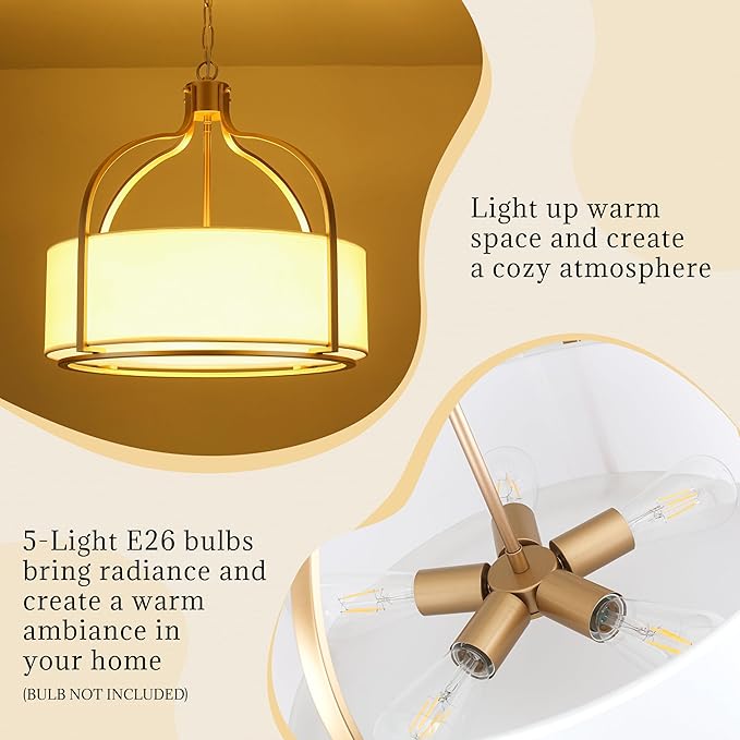 20.5'' Gold Drum Chandelier Light Fixture, 5-Light Large Modern Farmhouse Chandeliers for Dining Room Gold Drum Hanging Pendant Light with White Fabric Shade for Kitchen Living Room Foyer Bedroom