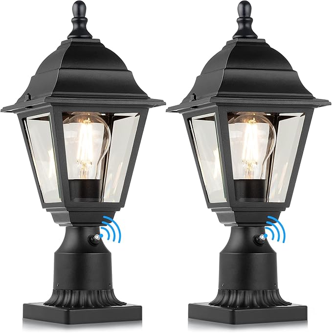 FOLKSMATE Dusk to Dawn Outdoor Post Lights, 2-Pack Large Waterproof Outside Post Lamps with Pier Mount, Exterior Pole Lantern with Clear Glass, Matte Black Light Fixture for Patio, Garden, Walkway