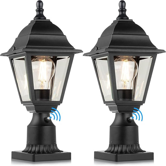FOLKSMATE Dusk to Dawn Outdoor Post Lights, 2-Pack Large Waterproof Outside Post Lamps with Pier Mount, Exterior Pole Lantern with Clear Glass, Matte Black Light Fixture for Patio, Garden, Walkway