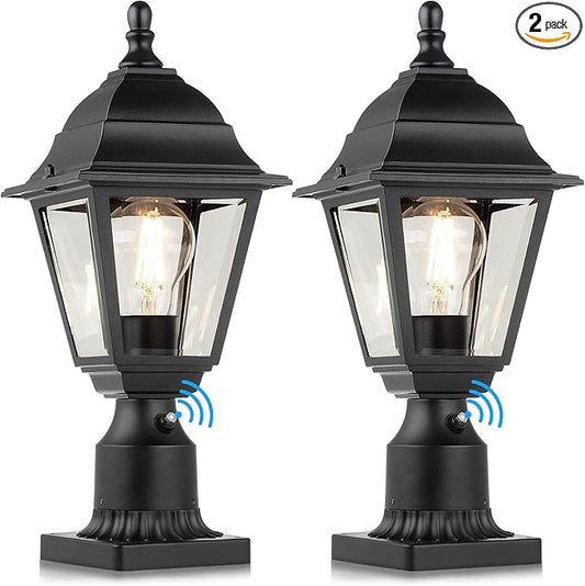FOLKSMATE Dusk to Dawn Outdoor Post Lights, 2-Pack Waterproof Outside Post Lamps with Pier Mount, Exterior Pole Lantern with Clear Glass, Matte Black Light Fixture for Patio, Garden, Walkway