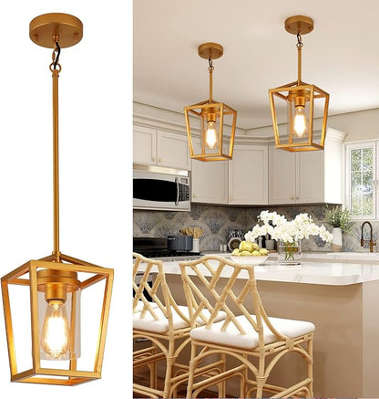 SGLfarmty Single Brass Pendant Light, 7 Inch Adjustable Lantern Hanging Lighting with Clear Glass Shade, Modern Flat & Sloped Ceiling Light Fixture for Kitchen Island Dining Room Foyer Entryway