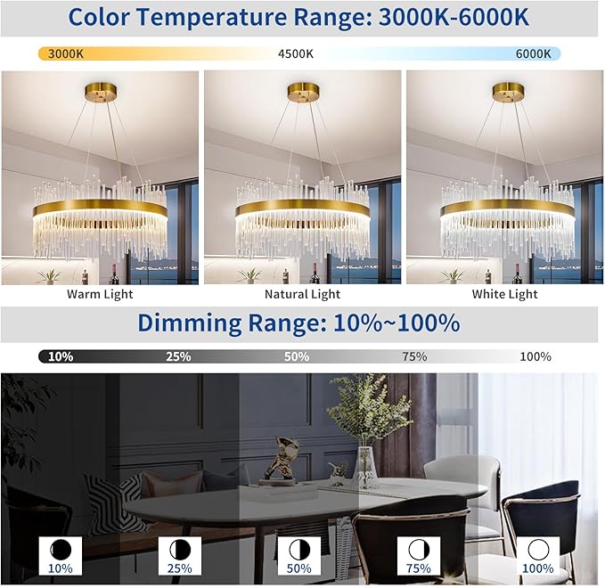 Depuley 23.6" Modern Crystal Chandeliers: Dimmable LED Gold Chandeliers Light Fixture with Remote Control - 3 Colors Contemporary Pendant Ceiling Light for Dining Living Room Kitchen Island Foyer
