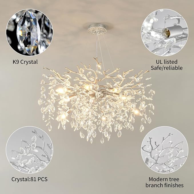 EGM 32-Inch Silver Tree Branch Chandelier for Living Room, Modern Crystal Chandelier for Bedroom, 10-Light Silver Crystal Chandeliers for Dining Room, Raindrop Leaf Chandeliers for Home Décor, E12