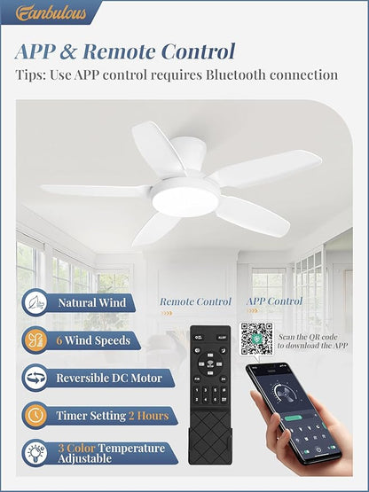 Fanbulous Ceiling Fans with Lights, 42 inch Low Profile Flush Mount Ceiling Fan with Remote/APP Control,Black Modern Ceiling Fan with LED Light for Bedroom Indoor Outdoor-LED Dimmable, 3CCT, 6 Speeds
