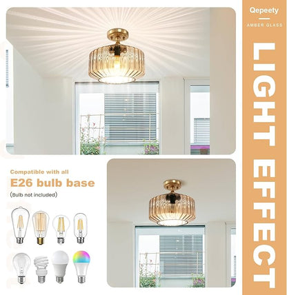Mid Century Modern Flush Mount Light with Amber Striped Hand-Blown Glass Shade, 11.02" Gold Ceiling Fixture Farmhouse Close-to-Ceiling Lighting for Kitchen Dining Room Hallway