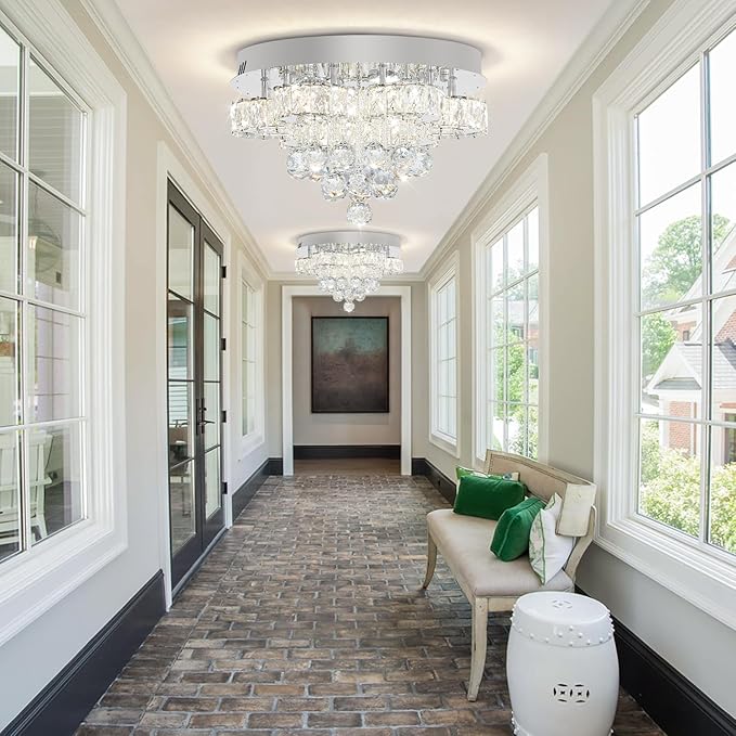 Flashing God Dia 16in Modern LED Crystal Chandelier,Flush Mount Ceiling Light Fixture with K9 Crystals,Small Chandelier for Bedroom Dining Hallway Lighting
