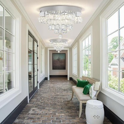 Flashing God Dia 16in Modern LED Crystal Chandelier,Flush Mount Ceiling Light Fixture with K9 Crystals,Small Chandelier for Bedroom Dining Hallway Lighting