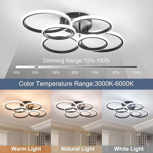 Modern Ceiling Lights, 6 Rings Dimmable Black LED Ceiling Light Fixtures with Remote Control, 60W Close to Ceilings Lighting for Living Room, Bedroom, Dining Room