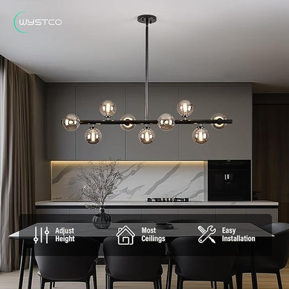 Mid Century Modern Globe Sputnik Chandelier, 9-Light Linear Chandeliers for Dining Room and Kitchen Island, Dining Light Fixture Over Table, Black and Smoke Grey Glass Bubble, 40 Inch
