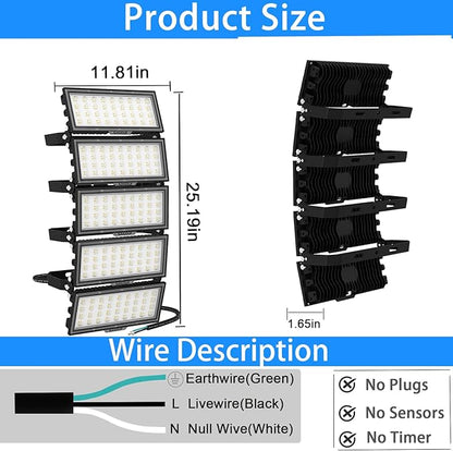 1500W LED Stadium Light 195000LM Super Bright Outdoor Flood Light 6500K Daylight Commercial Arena Lighting 100-277V IP67 Waterproof Adjustable Angle for Sport Fields, Courts