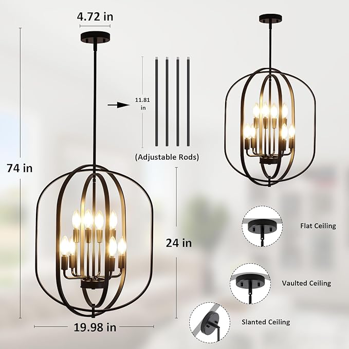 Black Chandelier for Dining Room Light Fixture, 8-Light Foyer Lighting Fixtures Adjustable Pendant Lights Kitchen Island Rustic Modern Farmhouse Chandelier for Entryway, Living Room, Foyer, Bedroom