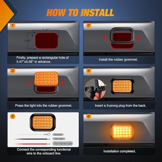 Nilight 5” X 3” Rectangular Trailer Tail Light 2 PCS Amber 24 LED Turn Signal Lights w/Flush Mount Grommets Plugs IP67 Waterproof for 12V Truck ATV UTV Bus RV Camper