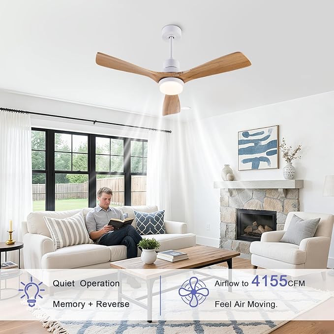 42" Ceiling Fans [with Lighting Remote Control], Indoor Outdoor Modern Wooden Ceiling Fan [with 3 Solid Wood Blades] for Kids' Rooms, bedrooms, Offices and More.…
