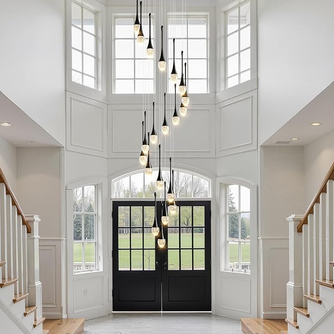 Raindrop Crystal Chandelier High Ceiling: 20 Lights Dimmable LED With Remote - Large Long Modern Bubble Hanging Pendant Light Fixture Spiral Chandeliers for Living Room Staircase Entryway Foyer Black