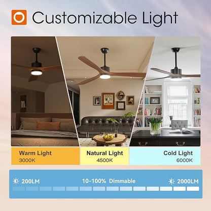 addlon 72 inch Ceiling Fans with Lights and Remote Control, Reversible, 3 Wood Blades, 6 Speeds, 3CCT Dimmable, Noiseless, Indoor/Outdoor Black Walnut Ceiling Fan for Bedroom Living Room Gazebo Patio