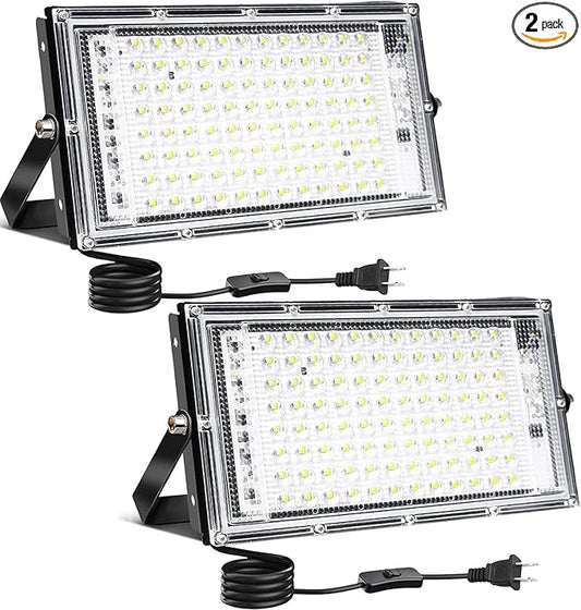 100W LED Outdoor Flood Light, 2 Pack 8000LM Plug in Flood Light Outdoor, IP66 Waterproof Exterior Security Lights, 6500K Daylight White Super Bright Floodlight for Garage, Yard, Lawn, Garden