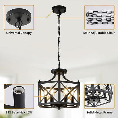 6-Light Pendant Lights Kitchen Island, Modern Black Pendant Light Fixture with Hexagonal Metal Cage, Adjustable Geometric Hanging Light for Entryway Foyer Dining Room, 1 Pack