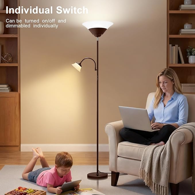 SIBRILLE 2-in-1 Torchiere Floor Lamp, 34W Super Bright LED Standing Lamp with Remote & Touch Control, 72" Dimmable Adjustable Corner Reading Lamp for Living Room, Bedroom, Office, Brown