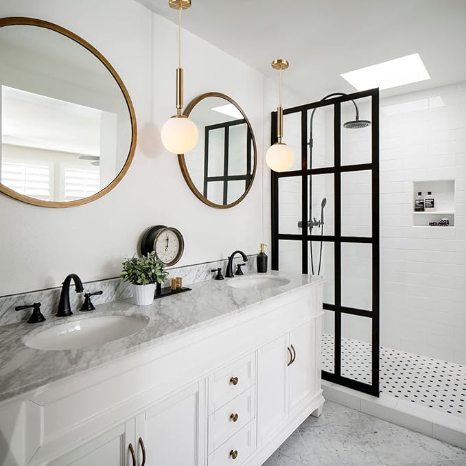 KCO Lighting Modern Globe Pendant Lights Kitchen Island Lighting White and Gold Pendant Light Single Pendant Lighting Frosted Glass Hanging Light Brass Vintage Ceiling Light Fixture