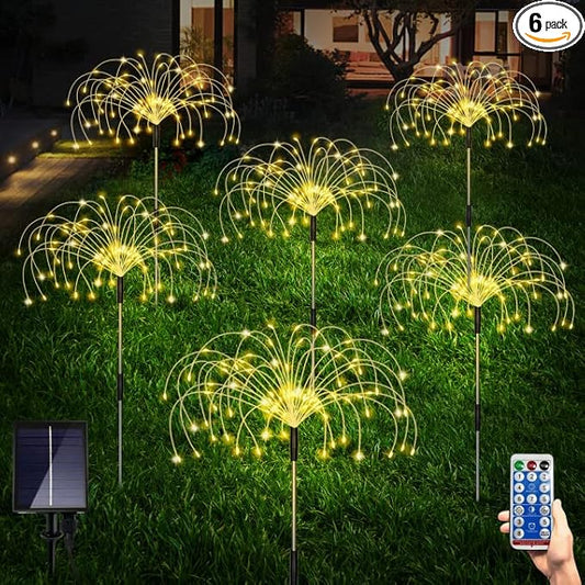 Maleyt 6 Pack Solar Garden Lights, Firework Lights, Decorative, 8 Lighting Modes with Remote 120 LED Twinkling Waterproof Landscape Outdoor Decor, for Pathway Backyard Walkway Patio (Warm White)