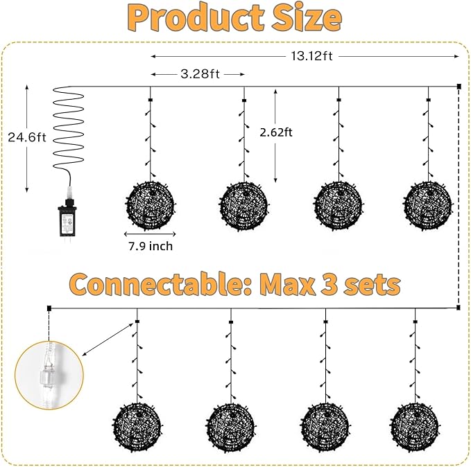 Outdoor Christmas Balls Lights 4 Pack Hanging 7.9" LED Garden Sphere Tree Lights 8 Modes Waterproof Glow Globe Lights with Memory Timer Plug for Party Yard Porch Eave Patio Xmas Decorations-Warm White