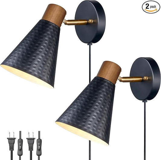 Black Plug in Wall Sconces Set of 2, Modern Bedroom Wall Light with on/off Cord, Wooden Plug Sconce with Hammered Metal Shade, Corded Wall Sconce Light for Decor Bedroom, Living Room, Hallway