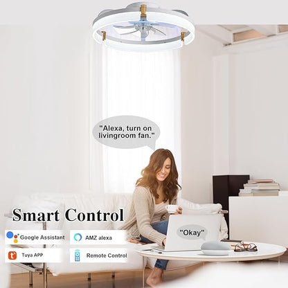 Smart Ceiling Fans with Lights Remote - 20'' WiFi Alexa Flush Mount Low Profile Modern Ceiling Fans for Bedroom - Stepless Color Temperature and 6 Speeds - White