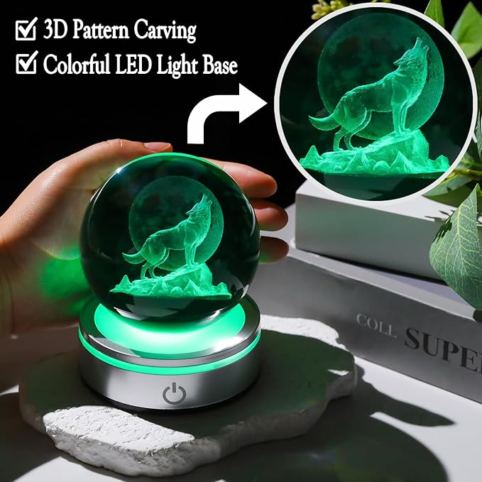 Arikyrist Crystal 3D Wolf 3.15in Ball Figurine Gifts for Men, Collectible Glass Animal Art Sphere for Room with LED Light Base Keepsakes for Wolves Lovers Home Decor Paperweight