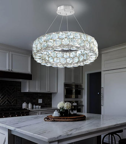 Crystal Chandeliers Modern Rings Pendant Light LED Dimmable Ceiling Light for Bedroom Dinning Room Kitchen Silver
