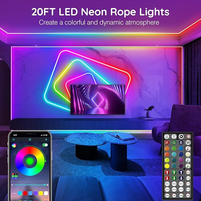 AILBTON 20Ft Neon Rope Lights,Flexible Led Rope Lights Control with App/Remote,Multiple Modes Music Sync Gaming RGB Led Neon Lights for Bedroom Outdoor