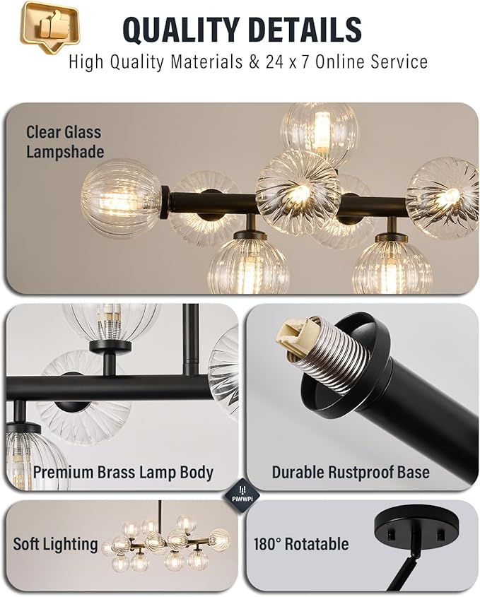 Glass Globe Sputnik Chandelier, 16-Light Mid Century Modern Light Fixture Over Table, Linear Chandeliers for Dining Room, Kitchen Island, Black and Clear Bubble, 40 Inch, GC-02