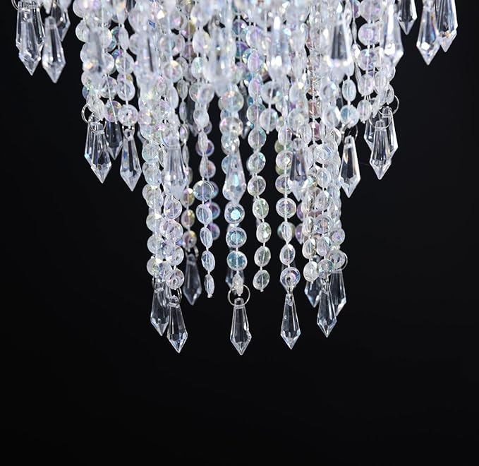 3 Tiers Iridescent Acrylic Beaded Chandelier Shade, Ceiling Light Pendant Lampshade with Crystal Beads for Wedding Party Event Home Decoration,W8.6 X H12 (H12C)