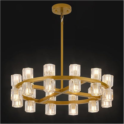 Modern 24 Inch Gold Crystal Wagon Wheel Chandelier, Large Round 24-Light Pendant Lighting Fixture, Adjustable Height for High Ceilings Living Room, Dining Room, Foyer, Entryways (gold-24in)