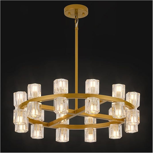 Modern 24 Inch Gold Crystal Wagon Wheel Chandelier, Large Round 24-Light Pendant Lighting Fixture, Adjustable Height for High Ceilings Living Room, Dining Room, Foyer, Entryways (gold-24in)