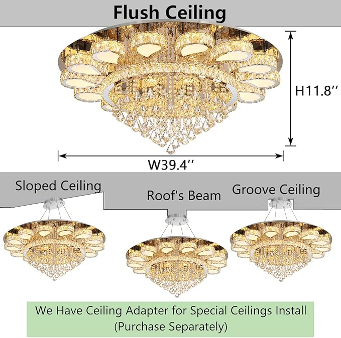 HAIXIANG Glam Crystal Chandelier for Living Room Dining Room Lights Sloped Ceiling Light Fixtures Luxury Modern Remote Dimmbale Lighting Silver 40 Inches
