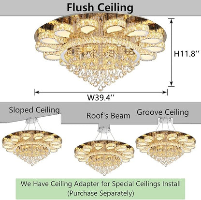 HAIXIANG Glam Crystal Chandelier for Living Room Dining Room Lights Sloped Ceiling Light Fixtures Luxury Modern Remote Dimmbale Lighting Silver 40 Inches