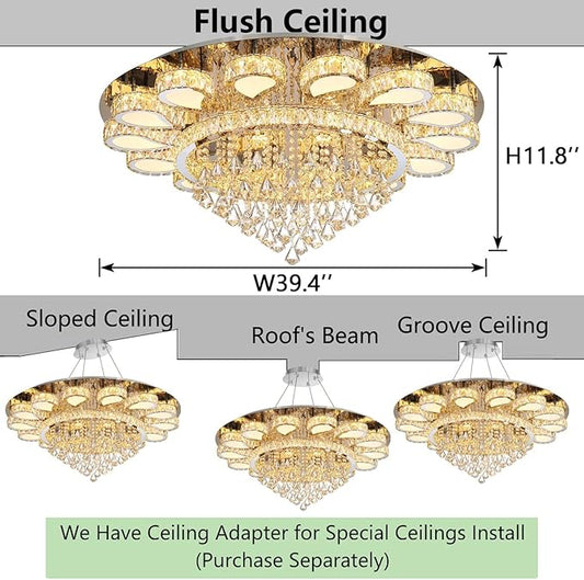 HAIXIANG Glam Crystal Chandelier for Living Room Dining Room Lights Sloped Ceiling Light Fixtures Luxury Modern Remote Dimmbale Lighting Silver 40 Inches