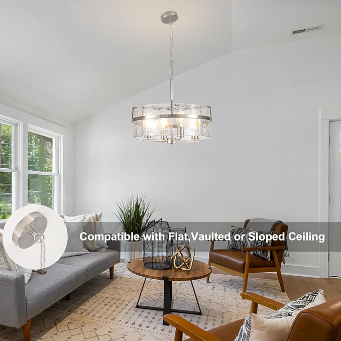 Modern Drum Chandeliers for Dining Room,19.7" Water Ripple Glass Chandelier Over Table Brushed Nickel Crystal Pendant Light Fixtures for Hight Ceiling Living Room Entryway Bedroom Kitchen,E26