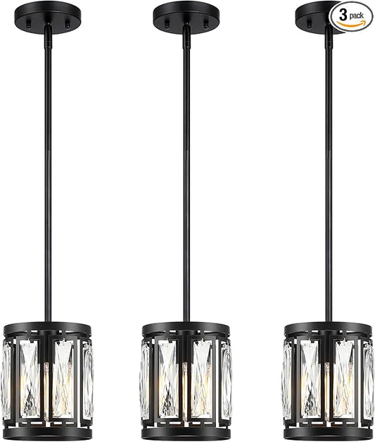 Crystal Pendant Lighting Fixture Matte Black Drum Shade Chandelier,3-Pack Pendant Lights for Kitchen Island Modern Ceiling Lights for Living Room