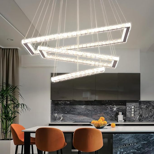 Finktonglan Dimmable Crystal Chandelier, Modern 3 Rectangular Ring LED Pendant Light with Remote & App Control, 31.4" Adjustable Hanging Height, 2500K-6500K, Kitchen Island Dining Room Stairwell Foyer
