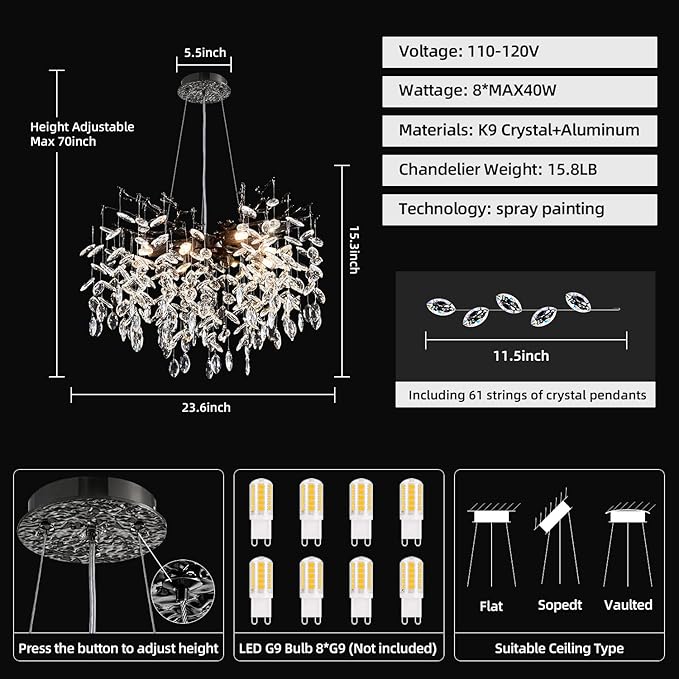 Modern Tree Branch Crystal Chandelier 23.6" Black Luxury Large Pendant Lighting 8-Light Contemporary K9 Crystal Chandeliers for Dining Room Kitchen Living Room Foyer Entryway (Black, D23.6"-Round)