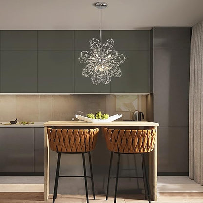 Firework Crystal Chandeliers, Modern Chrome Small Dandelion Chandelier, 8-Light Sputnik Pendant Hanging Light Fixture for Bedroom, Kitchen Island, Dining Room