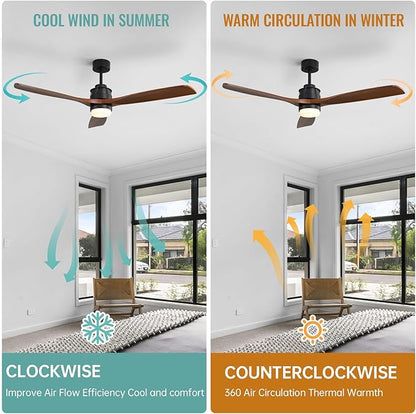 Sofucor 60 inch Ceiling Fan with Lights and Remote, Modern Large LED Ceiling Fan with 3 Walnut Blades and 3 Black Downrods, for Indoor Living Room Bedroom Outdoor Patio Porch, Reversible DC Motor