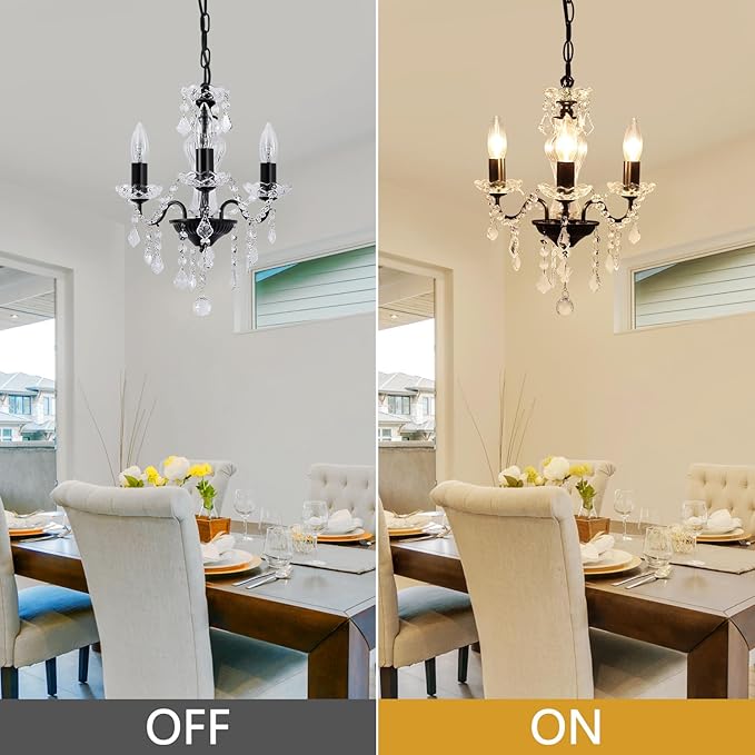 Plug in Chandelier with Glass Crystals, 3-Light Black Miniature Crystal Chandelier, Modern Antique Pendant Light for Small Spaces, Bedroom Kitchen Island Entryway Covered Patio, E12 Base