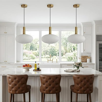 KCO Lighting Large Milk Glass Pendant Lighting Kitchen Island Brushed Brass Globe Pendant Light Mid Century Modern Hanging Light Fixture Gold White Pendant Light